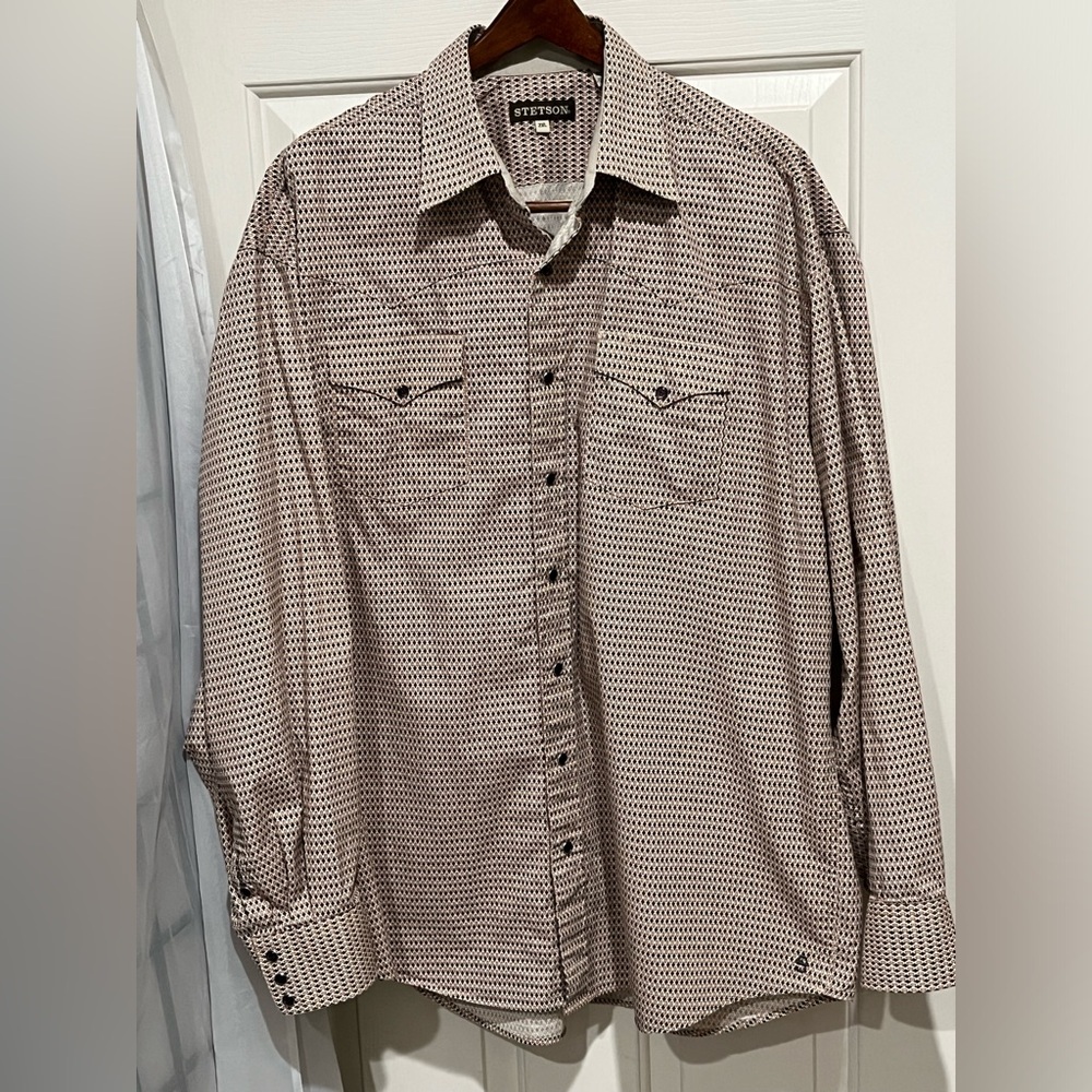 Stetson CREAM WESTERN Shirt with Navy and Rust Geometric Print SNAP FRONT 2XL